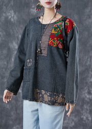 Boho Black Asymmetrical Patchwork Denim Sweatshirts Top Spring