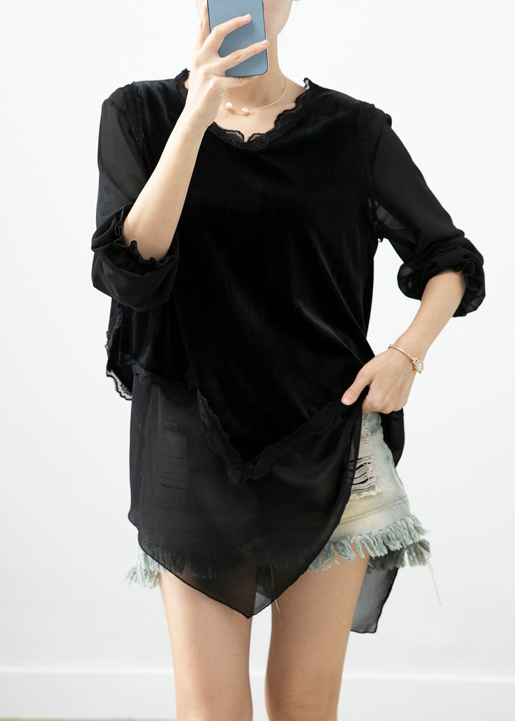 Boho Black Asymmetrical Patchwork Silk Velour Blouse Tops Fall