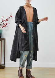 Boho Black Asymmetrical Print Drawstring Spandex Trench Coats Fall