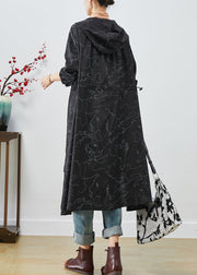 Boho Black Asymmetrical Print Drawstring Spandex Trench Coats Fall