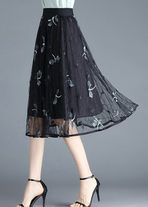 Boho Black Butterfly Embroideried Elastic Waist Tulle Skirt Summer