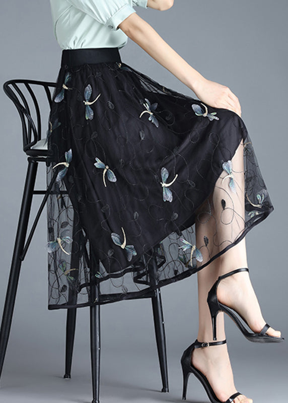 Boho Black Butterfly Embroideried Elastic Waist Tulle Skirt Summer