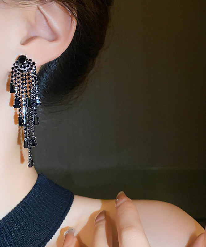 Boho Black Copper Zircon Tassel Drop Earrings