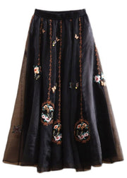 Boho Black Elastic Waist Embroideried Tulle Maxi Skirts Summer