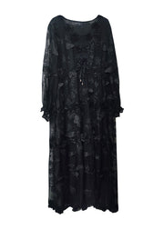 Boho Black Embroidered Butterfly Silk Dress Summer