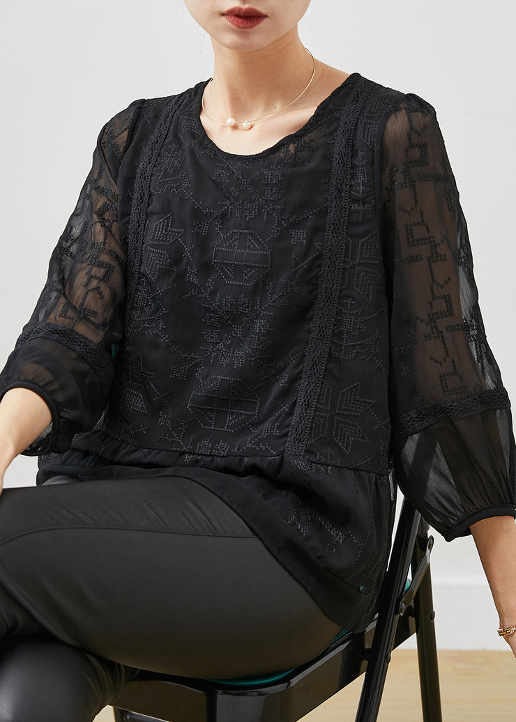 Boho Black Embroidered Tulle Blouse Top Bracelet Sleeve