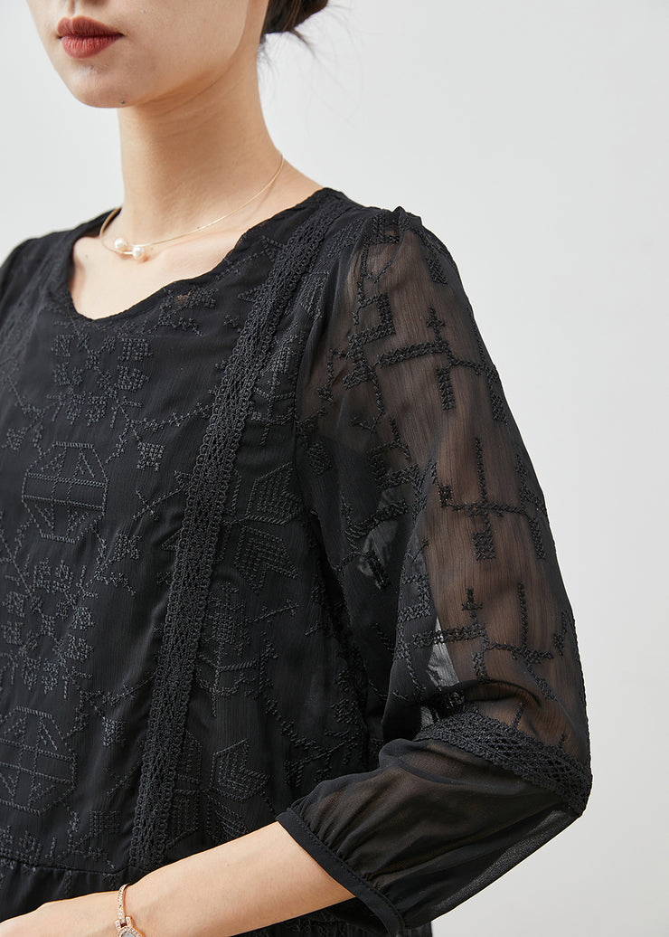 Boho Black Embroidered Tulle Blouse Top Bracelet Sleeve