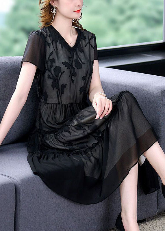 Boho Black Embroideried Patchwork Ruffled Chiffon Maxi Dresses Summer