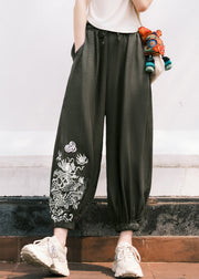 Boho Black Embroideried Pockets Tie Waist Crop Pants Fall