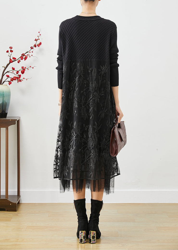 Boho Black Embroideried Tulle Patchwork Knit Long Dress Fall