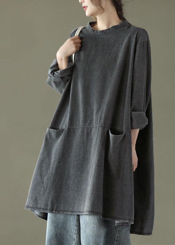 Boho Black Grey O-Neck Pockets Denim Long Dresses Long Sleeve - bagstylebliss