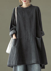 Boho Black Grey O-Neck Pockets Denim Long Dresses Long Sleeve - bagstylebliss