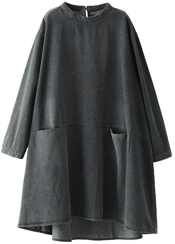 Boho Black Grey O-Neck Pockets Denim Long Dresses Long Sleeve - bagstylebliss