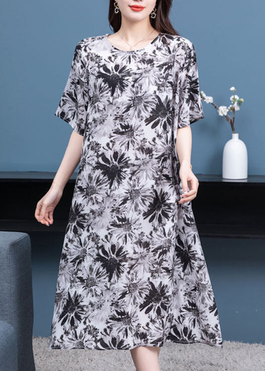 Boho Black Grey O Neck Print Patchwork Chiffon Dresses Half Sleeve