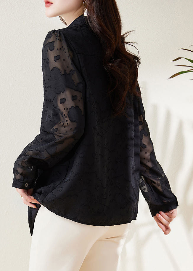 Boho Black Jacquard Draping Chiffon Shirt Spring