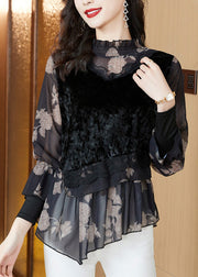 Boho Black O-Neck Asymmetrical Embroideried Patchwork Chiffon Tops Long Sleeve