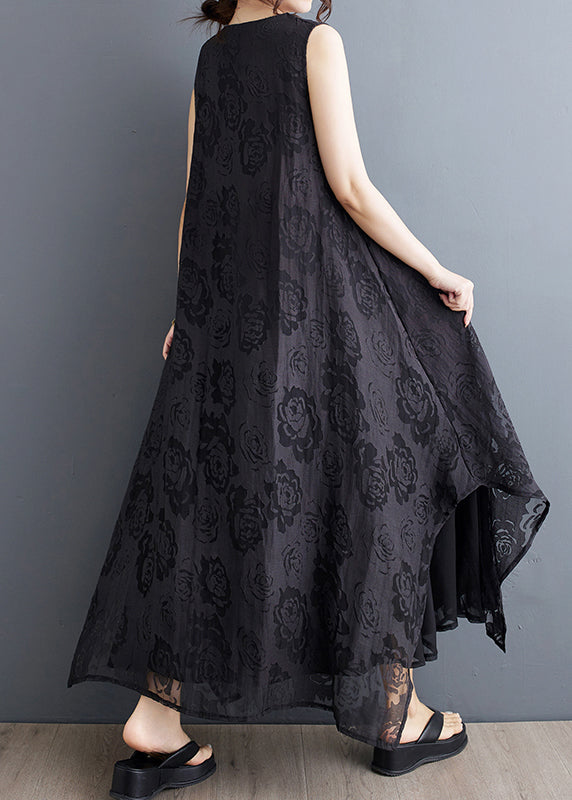 Boho Black O-Neck Asymmetrical Hollow Out Floral Holiday Lace Maxi Dress Summer