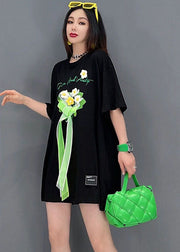 Boho Black O-Neck Embroideried Bow Cotton Tanks Short Sleeve