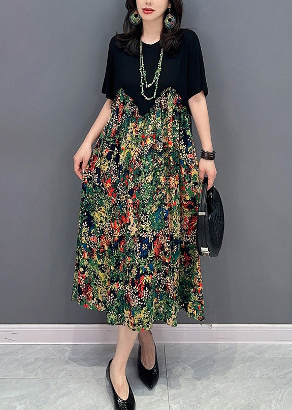 Boho Black O-Neck Patchwork Print Long Dress Short Sleeve