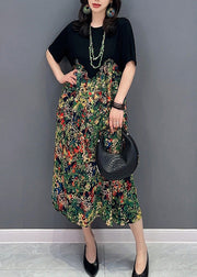 Boho Black O-Neck Patchwork Print Long Dress Short Sleeve