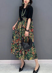 Boho Black O-Neck Patchwork Print Long Dress Short Sleeve