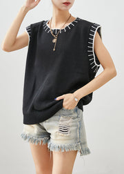 Boho Black O-Neck Striped Knit Vests Fall