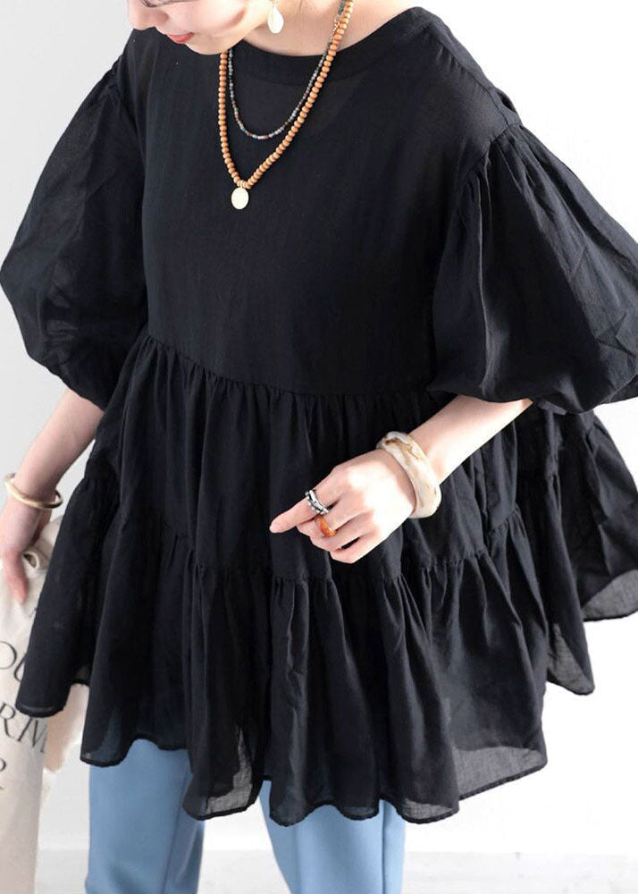 Boho Black O Neck Wrinkled Patchwork Cotton Shirt Top Lantern Sleeve