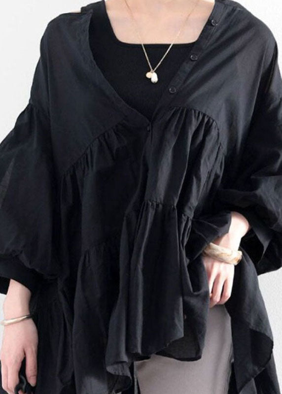 Boho Black O Neck Wrinkled Patchwork Cotton Shirt Top Lantern Sleeve