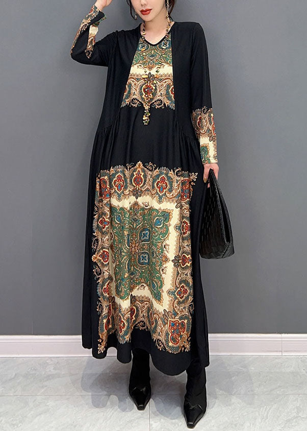 Boho Black O Neck Wrinkled Print Silk Dresses Spring