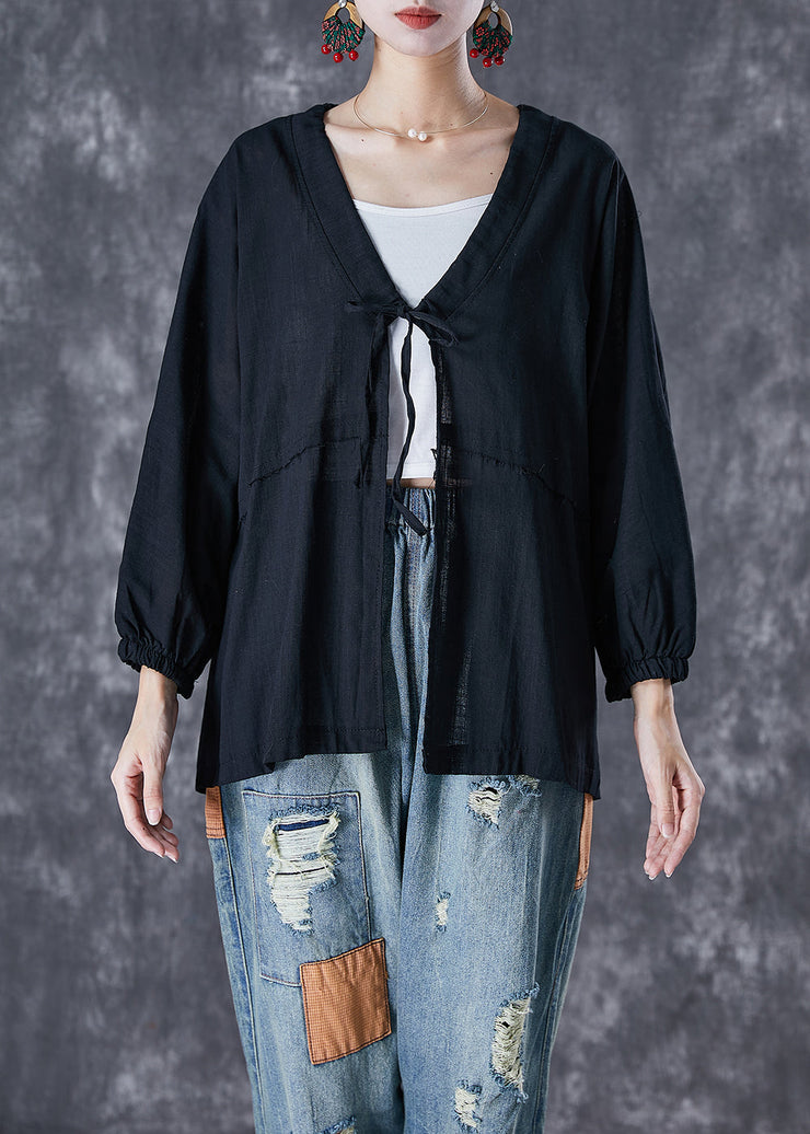 Boho Black Oversized Lace Up Linen Cardigan Fall