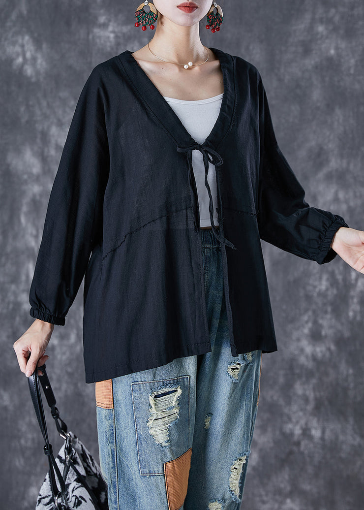 Boho Black Oversized Lace Up Linen Cardigan Fall