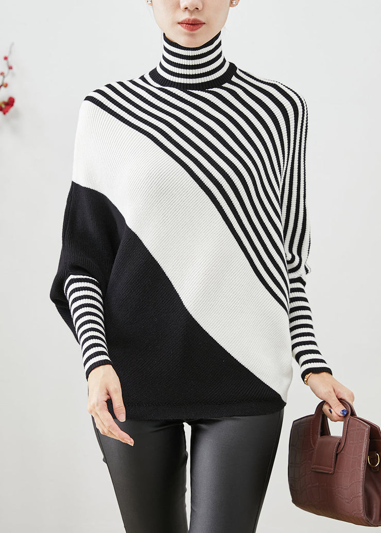 Boho Black Oversized Striped Knit Sweater Batwing Sleeve