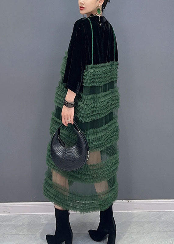 Boho Black Patchwork Green O-Neck Fake Two Pieces Tulle Long Dresses Long Sleeve