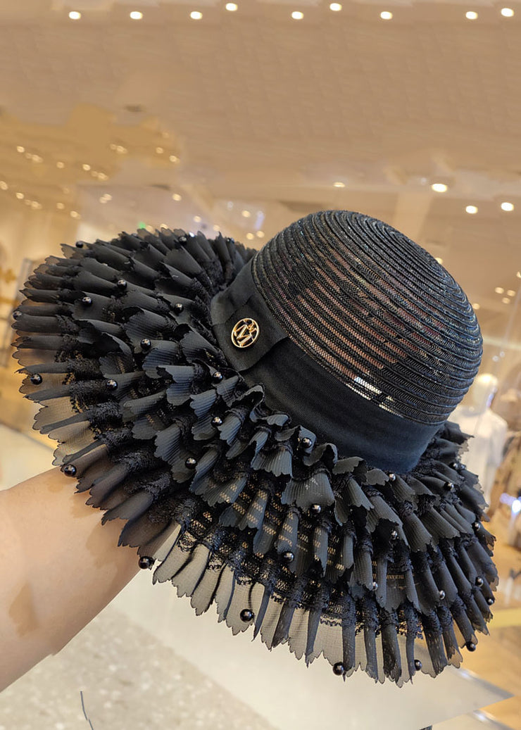 Boho Black Pearl Hollow Out Tulle Cloche Hat