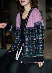 Boho Black Pink Oversized Patchwork Lazy Knit Cardigan Winter