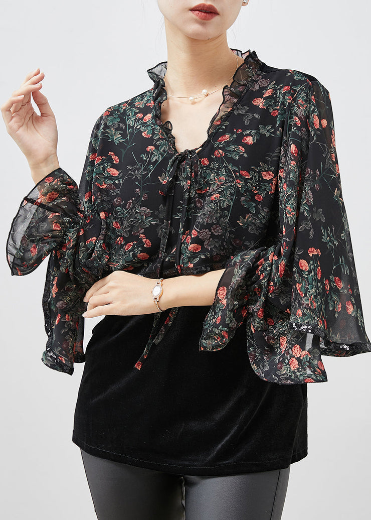 Boho Black Print Ruffled Patchwork Velour Chiffon Shirt Spring