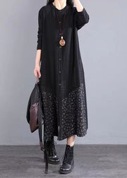 Boho Black Stand Collar Button Patchwork Cotton Dress Fall