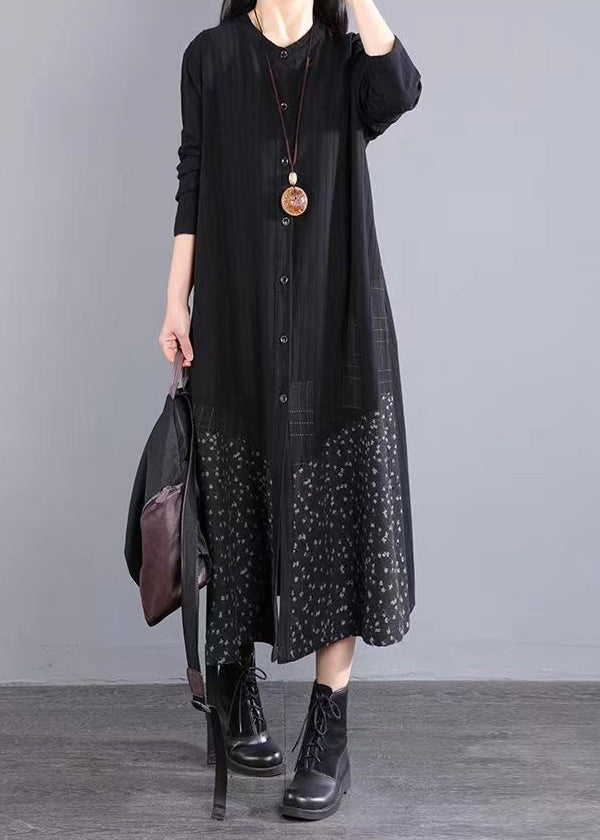 Boho Black Stand Collar Button Patchwork Cotton Dress Fall