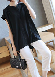 Boho Black Stand Collar Oversized Button Cotton Shirt Short Sleeve