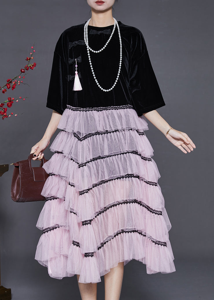 Boho Black Tasseled Patchwork Chinese Button Tulle Dress Summer