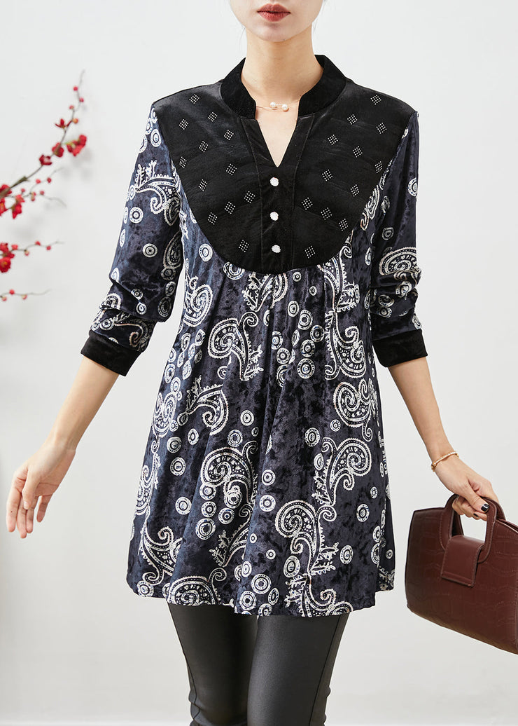 Boho Black V Neck Patchwork Print Silk Velour Long Shirt Fall