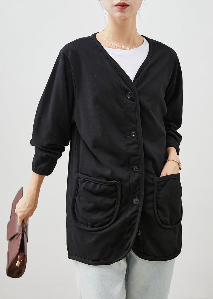 Boho Black V Neck Pockets Cotton Coats Spring