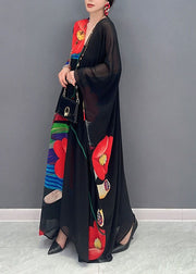 Boho Black V Neck Print Patchwork Chiffon Maxi Dress Summer