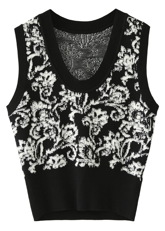 Boho Black White Print U Neck Knitted Cotton Sweaters Waistcoat Sleeveless