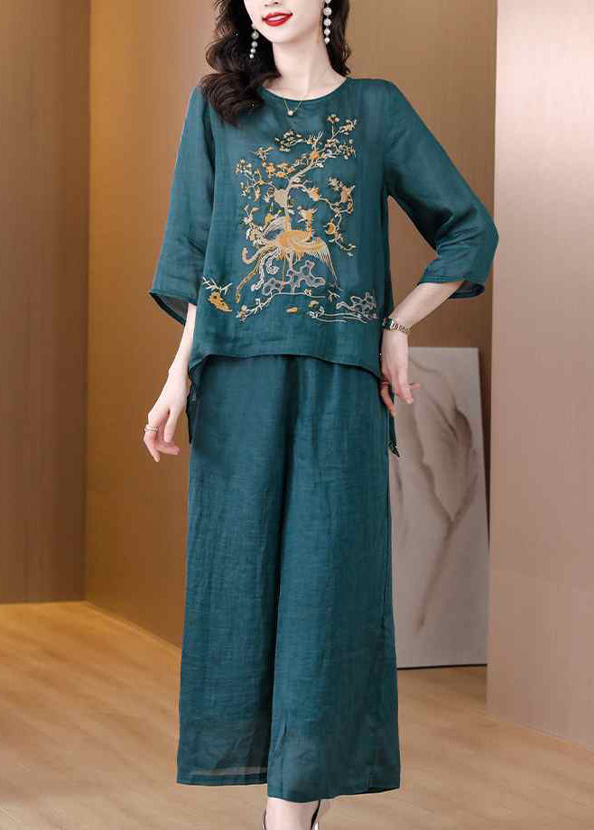 Boho Blackish Green Embroidered Low High Design Linen Two Pieces Set Spring