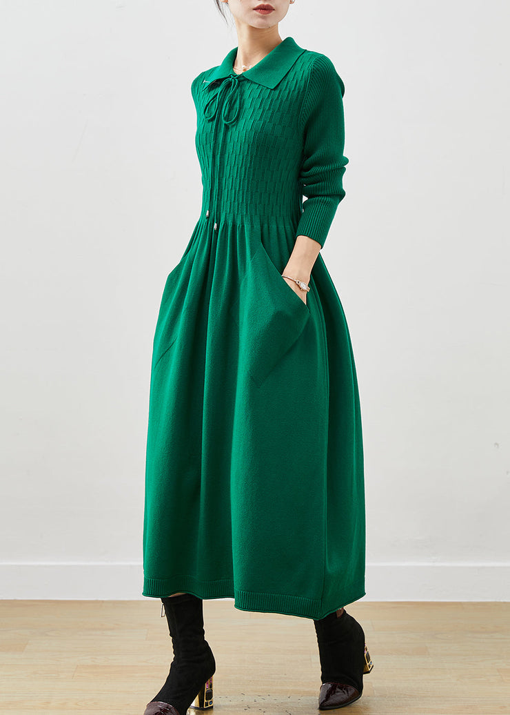 Boho Blackish Green Lace Up Pockets Knit A Line Dresses Spring