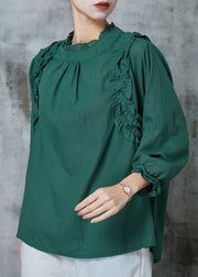 Boho Blackish Green Ruffled Cotton Shirts Spring