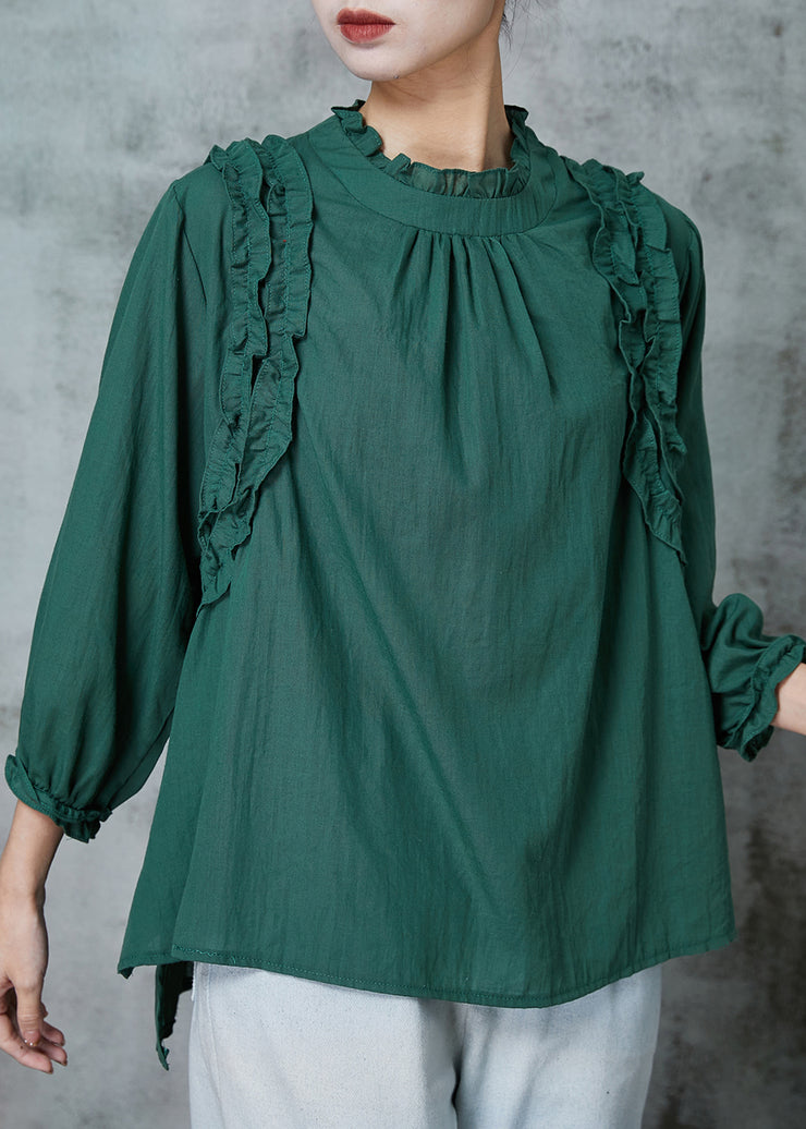 Boho Blackish Green Ruffled Cotton Shirts Spring