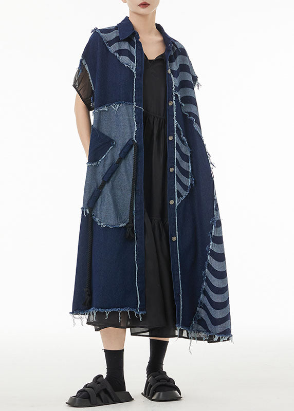 Boho Blue Asymmetrical Patchwork Cotton Denim Long Cardigans Sleeveless