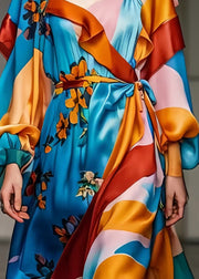 Boho Blue Cinched Print Silk Robe Dresses Spring